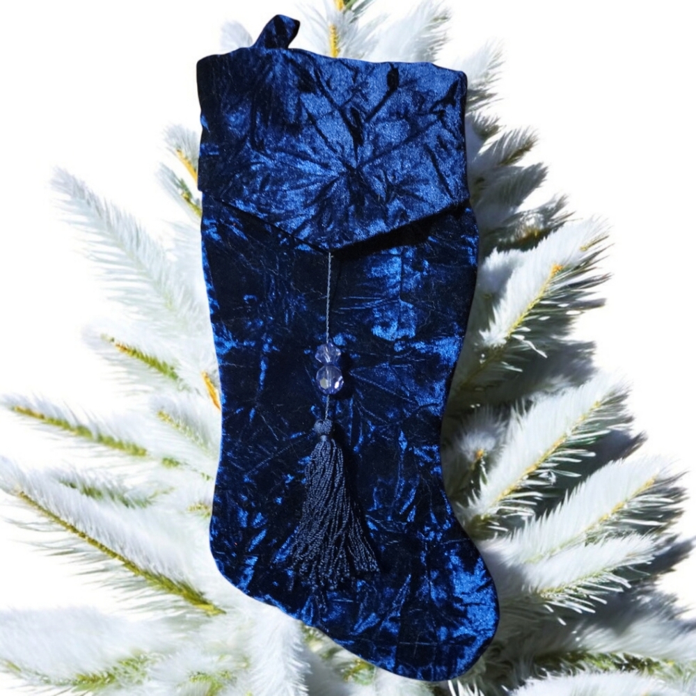 Vtg Dark Blue Velvet Christmas Stocking 2 Beads Tassel